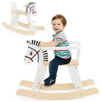 Houten Hobbelpaard in de Vorm van een Zebra met Afneembare Leuning Indoor Schommelspeelgoed DIY Functie voor Kinderen 3+