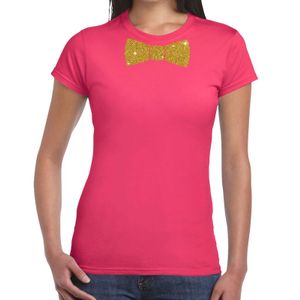 Roze fun t-shirt met vlinderdas in glitter goud dames