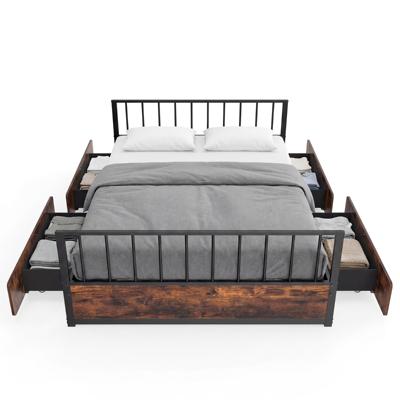 Dubbel Metalen Bedframe met Vier Lades Industrieel Platformbed met Hoofdeinde en Voeteneinde Stevige Metalen Lattenbodem ter Ondersteuning van de Matras