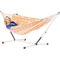 Eenpersoons hangmat met metalen standaard - 300x140cm - OranjeRoze - 120kg draagkracht- 100% katoen - binnen & buiten