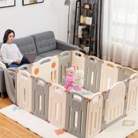 Babybox Inklapbaar met 14 Panelen Box van Kunststof Speelhek Beschermingsrooster voor Baby's en Peuters (Beige)