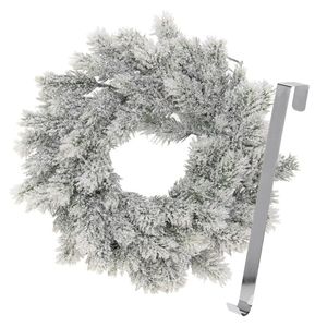 Kerstkrans 35 cm - groen - besneeuwd - met zilveren hanger/ophanghaak - kerstversiering