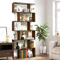 6-Laags Boekenkast Vrijstaande S-vormige Stijl Boekenplank met Anti-kantelbeveiliging Z-ontworpen Houten Plank Bruin/Wit/Zwart