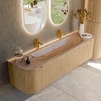 Badmeubel Mondiaz Kurve-Dlux | 170 cm | Meubelkleur Oak | Wastafelkleur Arena | Solid surface | Wasbak midden spoelbak | 2 kraangaten
