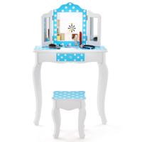 Make-Uptafel voor Kinderen 2-In-1 Kaptafel Bureau met Drievoudig Inklapbare Spiegel en Afneembare Plaat en Lade (Blauw)