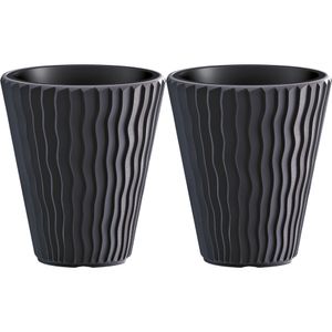 Plantenpot/bloempot Sand Waves - 2x - buiten/binnen - kunststof - antraciet - D39 x H43 cm