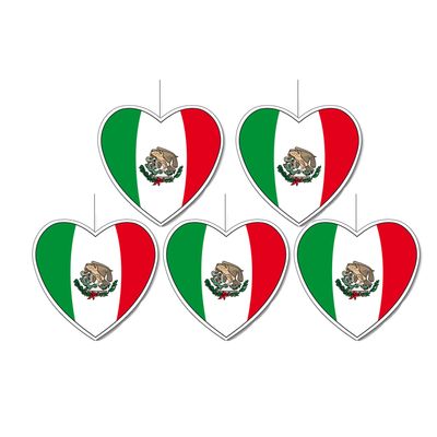 5x stuks mexico vlag hangdecoratie hartjes vorm karton 14 cm