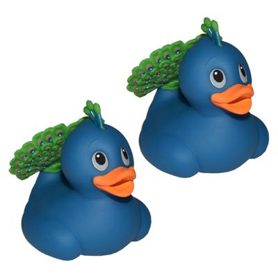 Wild Republic pauw badeendje - 2x - rubber - 10 cm - blauw - badderen - speelgoed - badartikelen