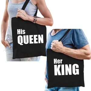 His queen en her king tassen / shoppers zwart katoen met witte tekst koppels / bruidspaar / echtpaar voor volwassenen   -