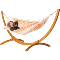 Eenpersoons hangmat met houten standaard - 300x140cm - OranjeRoze - 120kg draagkracht- 100% katoen - binnen & buiten Eenpersoons hangmat met houten standaard - 300x140cm - OranjeRoze - 120kg draagkracht- 100% katoen - binnen & buiten