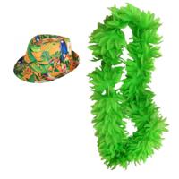 Hawaii thema party verkleedset - Hoedje Tropical print - bloemenkrans neon groen- Tropical toppers