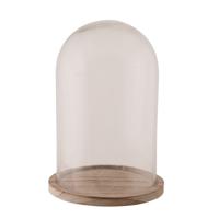 Glazen decoratie stolp op houten plateau - D17 x H25 cm - Home Deco stolpen - Woonaccessoires