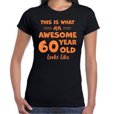 Verkleed T-shirt voor dames - leeftijd 60 jaar - awesome - zwart - glitter oranje - Verjaardagsfeest Verkleed T-shirt voor dames - leeftijd 60 jaar - awesome - zwart - glitter oranje - Verjaardagsfeest
