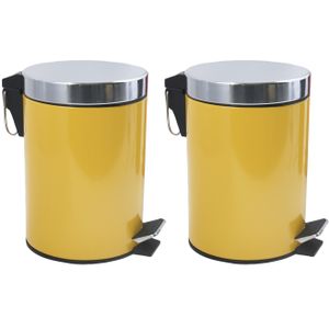 Prullenbak/pedaalemmer - 2x - metaal - saffraan geel - 3 liter - 17 x 25 cm - Badkamer/toilet