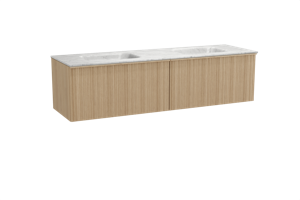 Balmani Forma zwevend badmeubel 180 x 55 cm naturel eiken met Tablo Arcato dubbele wastafel in marmer carrara, Verticale asymmetrische ronde ribbel