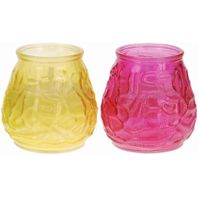 Windlicht geurkaars - 2x - geel/roze glas - 48 branduren - citrusgeur - thumbnail