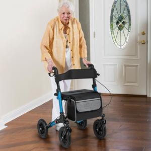 2-in-1 Rolstoel & Reisrollator Loophulp Rollator met Luchtbanden en Zitting 7-Voudig in Hoogte Verstelbaar Opvouwbaar en Licht