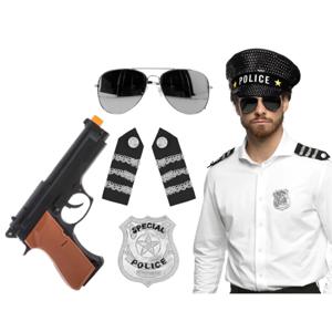 Carnaval verkleed set - politiepet - zwart - met epauletten/badge/zonnebril/pistool - heren/dames