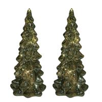 Kerstboom beeldje - 2x - groen - met LED licht - 25 cm - glas - decoratie kerstboompje