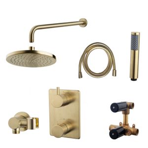 Inbouwthermostaatset Wiesbaden Caral Rond 20cm Muuruitloop Geborsteld Messing Goud PVD Coating