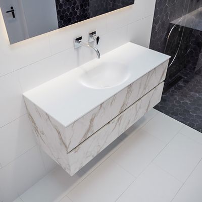 Mondiaz Vica Moon badmeubel wit carrara mat 120 cm 2 lades solid surface enkele spoelbak midden zonder kraangat