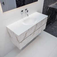 Mondiaz Vica Moon badmeubel wit carrara mat 120 cm 2 lades solid surface enkele spoelbak midden zonder kraangat