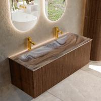 Badmeubel Mondiaz Kurve-Dlux | 120 cm | Meubelkleur Walnut | Wastafelkleur Sombra | Solid surface | Wasbak midden spoelbak | 2 kraangaten