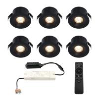 Set van 6 Cadiz LED Mini Inbouwspots met Trafo - 12 Volt 3 Watt 200 lumen - Dimbaar - Plat 26mm (Lage inbouwdiepte) - 2700K - IP44 waterdicht - Zwart - Veranda spotjes - overkapping spotjes