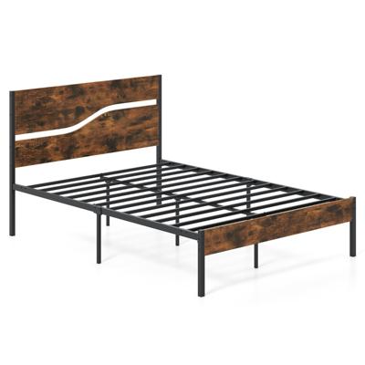 Metalen Bedbedframe voor 200 x 140 cm Matras Industriële Platformbed met Houten Hoofdeinde en Voeteneinde Rustiek Bruin