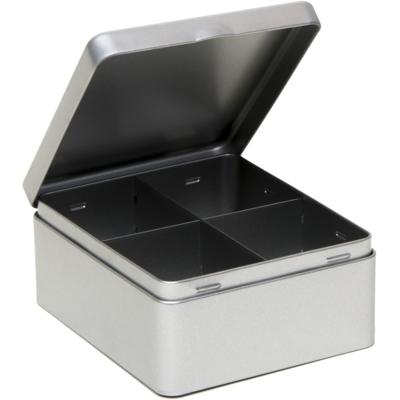 Theedoos - 4-vaks - metaal - 15x13x7 cm - theekist - zilverkleurig