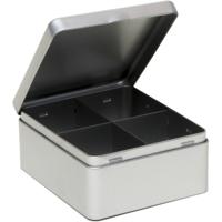 Theedoos - 4-vaks - metaal - 15x13x7 cm - theekist - zilverkleurig