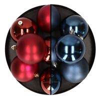 12x stuks kunststof kerstballen 8 cm mix van donkerrood en donkerblauw - thumbnail