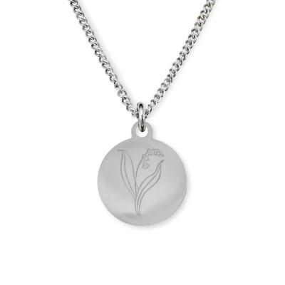 Gegraveerde geboortebloem ketting OUD DESIGN - Stainless steel - Zilver - 12 mm - Mei - lelie van dalen