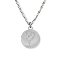 Gegraveerde geboortebloem ketting OUD DESIGN - Stainless steel - Zilver - 12 mm - Mei - lelie van dalen