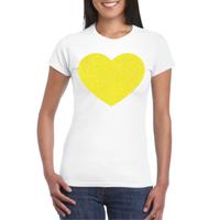 Verkleed T-shirt voor dames - hartje - wit - geel glitter - carnaval/themafeest