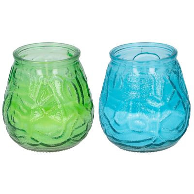 Arti Casa 4x stuks citronella Lowboy tafelkaarsen - 10 cm - blauw en groen glas