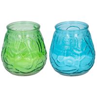 Arti Casa 4x stuks citronella Lowboy tafelkaarsen - 10 cm - blauw en groen glas
