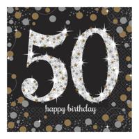 Servetten 50 jaar - 16x stuks - zwart - 33 x 33 cm - confetti - luxe - verjaardag