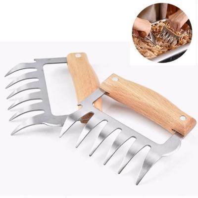 2 PC'S Bear klauw vormige RVS barbecue vork kip versnipperd houten handvat anti-slip creatieve keuken vork klauw vlees klauw splitter met (hout kleur
