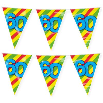 Verjaardag 60 jaar thema vlaggetjes - 2x - feestversiering - 10m - folie - dubbelzijdig Verjaardag 60 jaar thema vlaggetjes - 2x - feestversiering - 10m - folie - dubbelzijdig