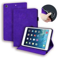 Voor iPad 10 2 inch 2019 kalf patroon dubbele vouwen ontwerp reliëf lederen draagtas met houder & kaartsleuven & pen sleuf & elastische band (paars)