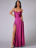 Bon&Bon Lilac Satin Bridesmaid Dress | Cowl Neck Maxi Gown with Split Red Violet / M