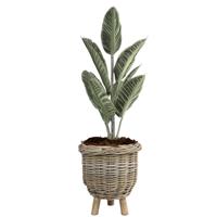 Planten/bloemen mand - op pootjes - rotan - gevlochten - D34 x H40 cm - plantenpot - bloempot