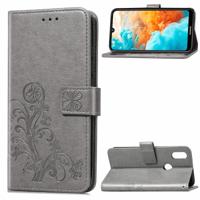Lucky Clover ingedrukt bloemen patroon lederen draagtas voor Huawei Y6 2019 met houder & kaartsleuven & portemonnee & hand strap (grijs)