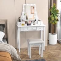 Make-Uptafel met Verlichte Spiegel Kaptafel met Verlichting 3 Kleurstanden Instelbare Helderheid 5 Laden en Zacht Gestoffeerd Krukje Wit