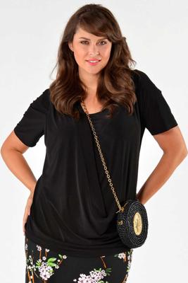 Yoek Shirt a-symmetric drape neck | Zwart | Maat Plus