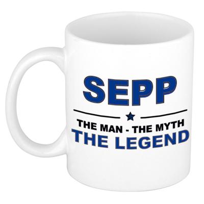 Sepp cadeau mok - man myth legend - naam koffiemok / beker - wit en blauw - 300 ml