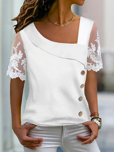 Casual Asymmetrical Neck Buttoned Mesh Shirt