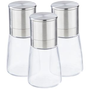 Set van 3x stuks  kruidenmolen/pepermolen/zoutmolen RVS/glas transparant/zilver 13 cm   -