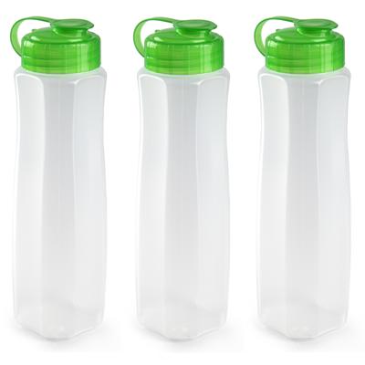 Plasticforte waterfles - 3x stuks - 1000 ml - transparant met dop groen - drinkfles - sport